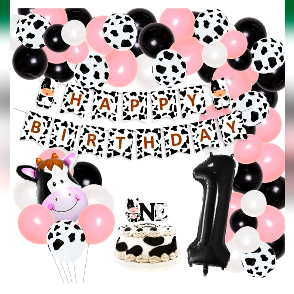 ANIMAL COW FARM FIRST BIRTHDAY PARTY SET UP BALLOONS GARLAND BANNER CAKE TOPPER